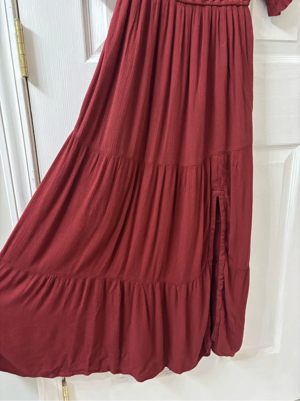 Abercrombie & Fitch Smocked Bodice Puff Sleeve Midi Dress - Burgundy - Size S